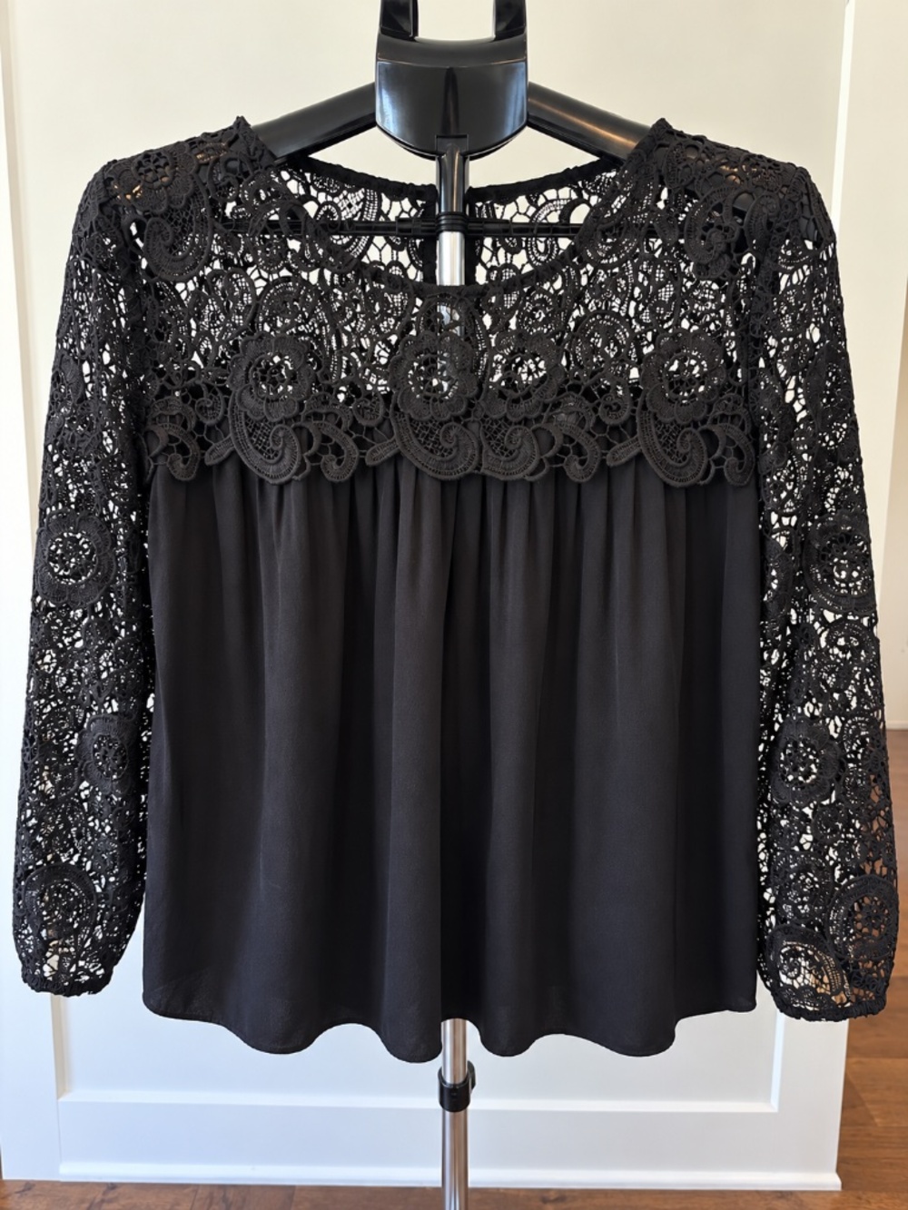 J.Crew Black Crochet Lace Yoke Long Sleeve Blouse XL